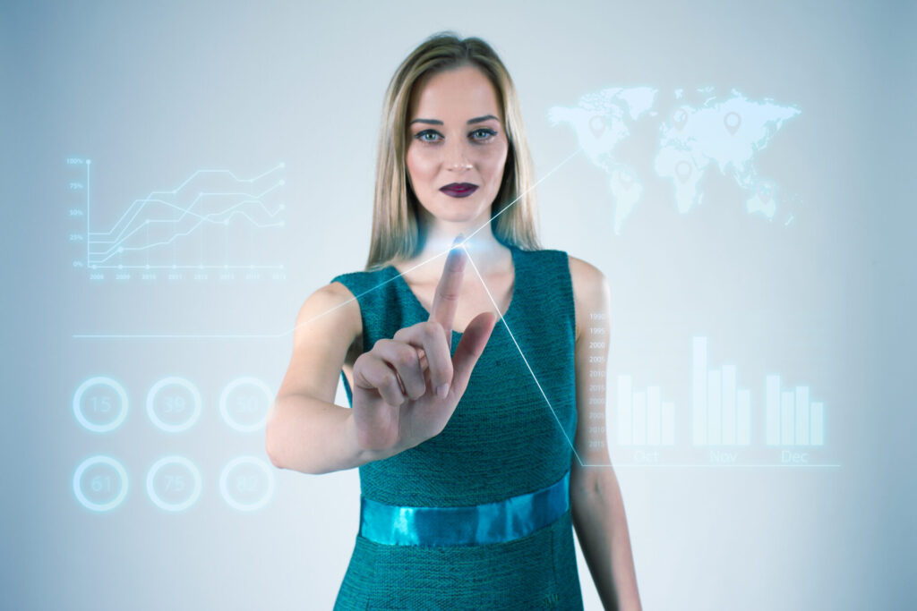 businesswoman working with modern virtual technologies hands touching screen